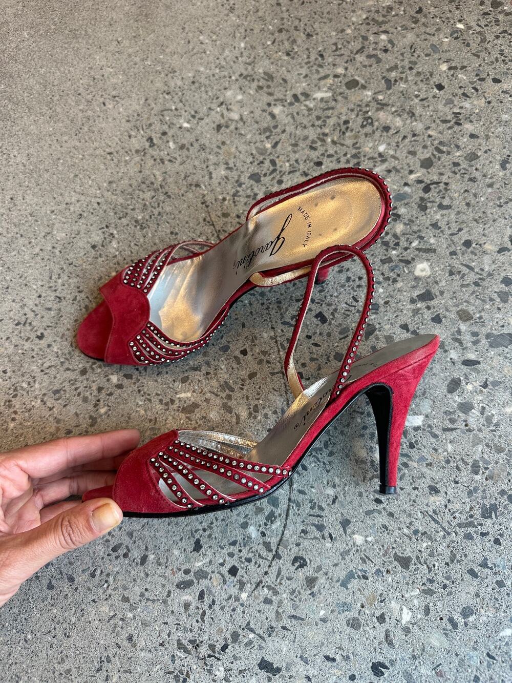 Vintage Garolini Women's 6.5 Heels Red Italian Suede Rhinestone Strappy Heels